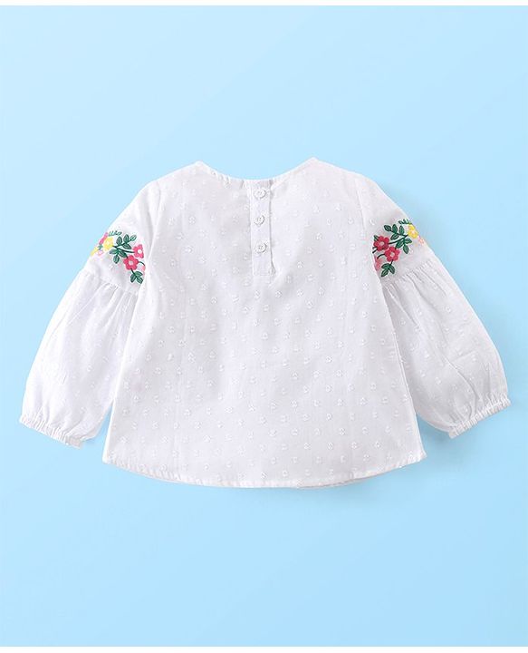 Babyhug Cotton Woven Full Sleeves Top & Pants Set With Floral Embroidery - White & Pink