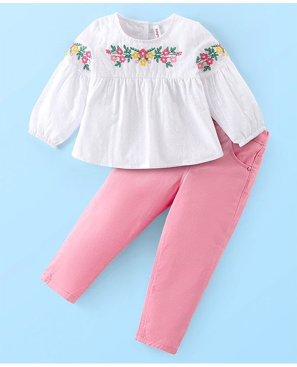 Babyhug Cotton Woven Full Sleeves Top & Pants Set With Floral Embroidery - White & Pink