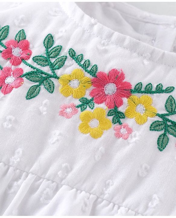Babyhug Cotton Woven Full Sleeves Top & Pants Set With Floral Embroidery - White & Pink