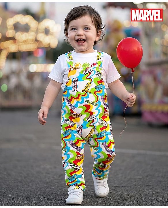 Babyhug Marvel  Interlock Knit Half Sleeves T-shirt With Dungaree Avengers Graphic - Yellow White & Blue
