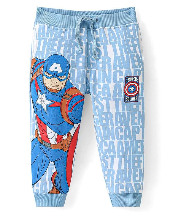 Babyhug Marvel Single Jersey Knit Full Length Lounge Pant with Avengers Graphic - Blue