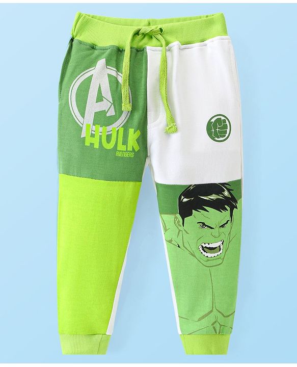 Babyhug Marvel Terry Knit Full Length Lounge Pant with Avengers Track Paint Graphics - Green