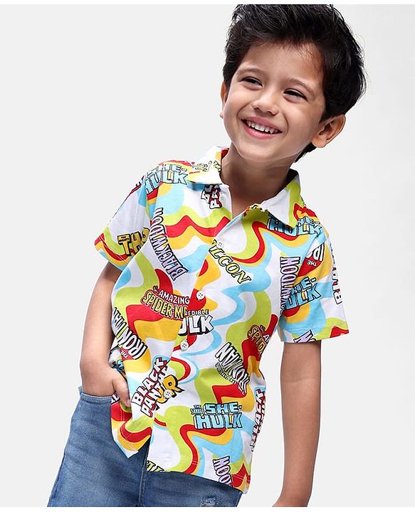 Babyhug Marvel Cotton Knit Half Sleeves Shirt with Avenger Text Print - Multicolour