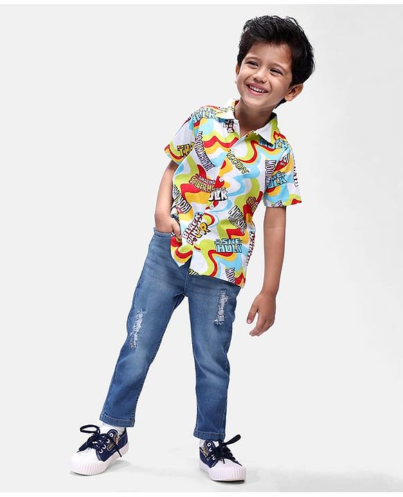 Babyhug Marvel Cotton Knit Half Sleeves Shirt with Avenger Text Print - Multicolour