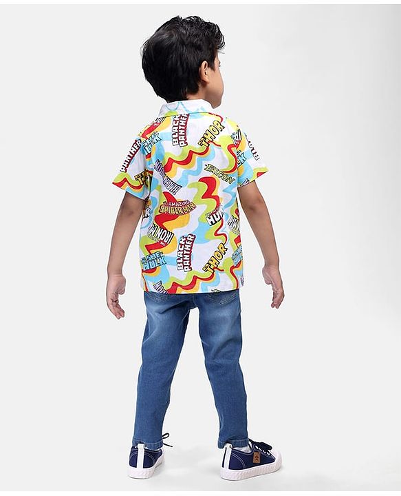 Babyhug Marvel Cotton Knit Half Sleeves Shirt with Avenger Text Print - Multicolour