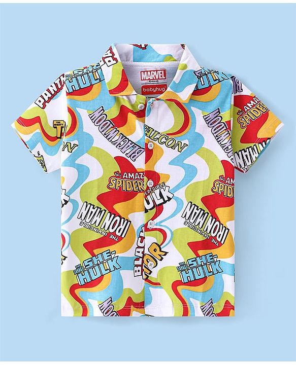 Babyhug Marvel Cotton Knit Half Sleeves Shirt with Avenger Text Print - Multicolour
