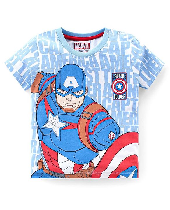Babyhug Marvel Cotton Knit Half Sleeves T-Shirt With Captain America Print - Light Blue