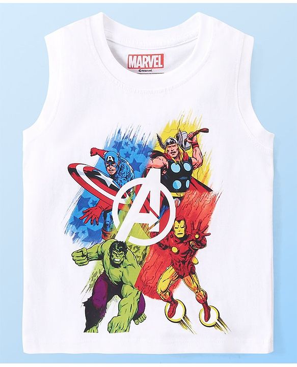 Babyhug Marvel  Cotton Knit Sleevesless Tank T-Shirt with  Avengers Graphics- White