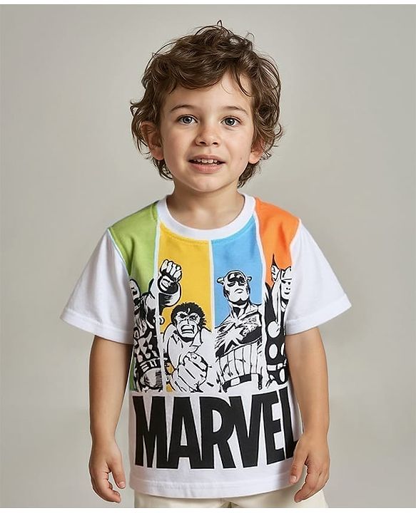 Babyhug Marvel Cotton Knit Half Sleeves T-Shirt with Front & Back Avengers Graphics - White