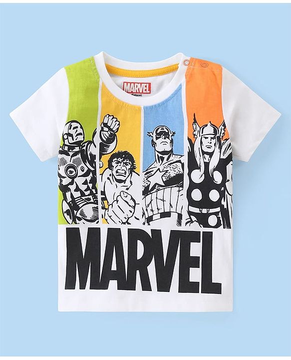 Babyhug Marvel Cotton Knit Half Sleeves T-Shirt with Front & Back Avengers Graphics - White