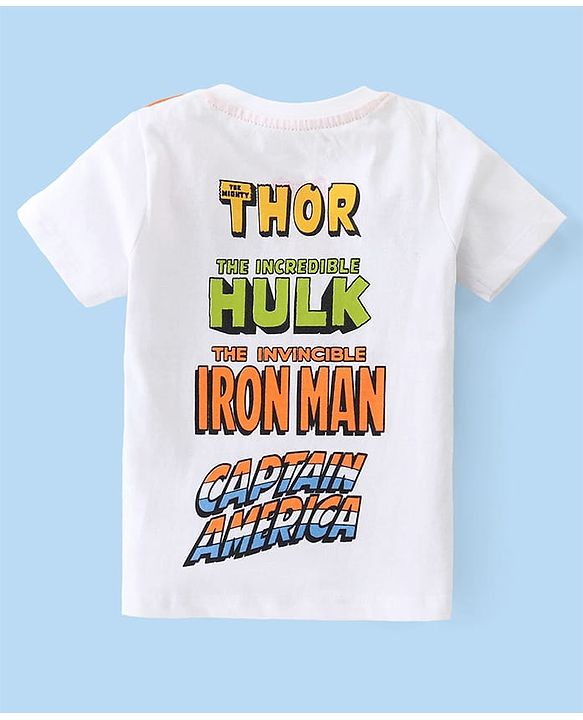 Babyhug Marvel Cotton Knit Half Sleeves T-Shirt with Front & Back Avengers Graphics - White