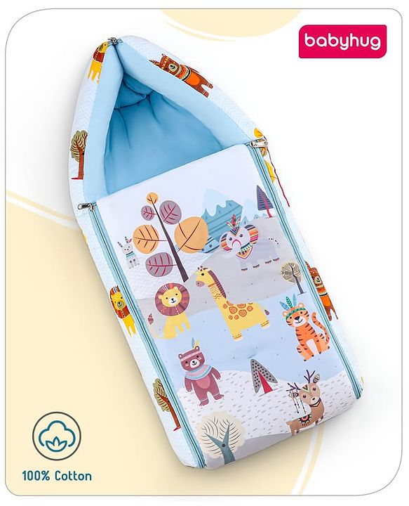 Babyhug Cotton Sleeping Bag Cum Carry Nest With Animals Print- Mint