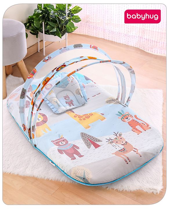 Babyhug Cotton Mattress Set with Mosquito Net Tribal Animal Print- Multicolor
