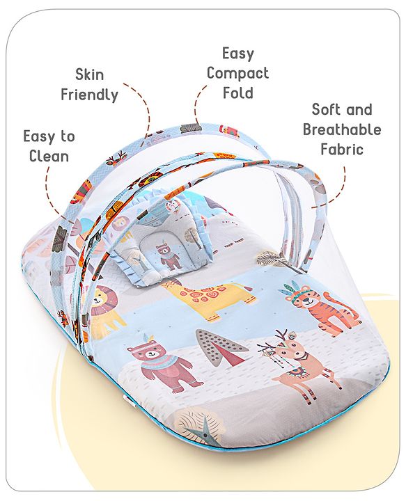Babyhug Cotton Mattress Set with Mosquito Net Tribal Animal Print- Multicolor