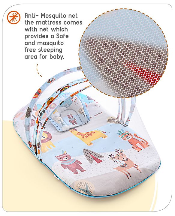 Babyhug Cotton Mattress Set with Mosquito Net Tribal Animal Print- Multicolor