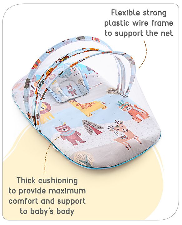 Babyhug Cotton Mattress Set with Mosquito Net Tribal Animal Print- Multicolor