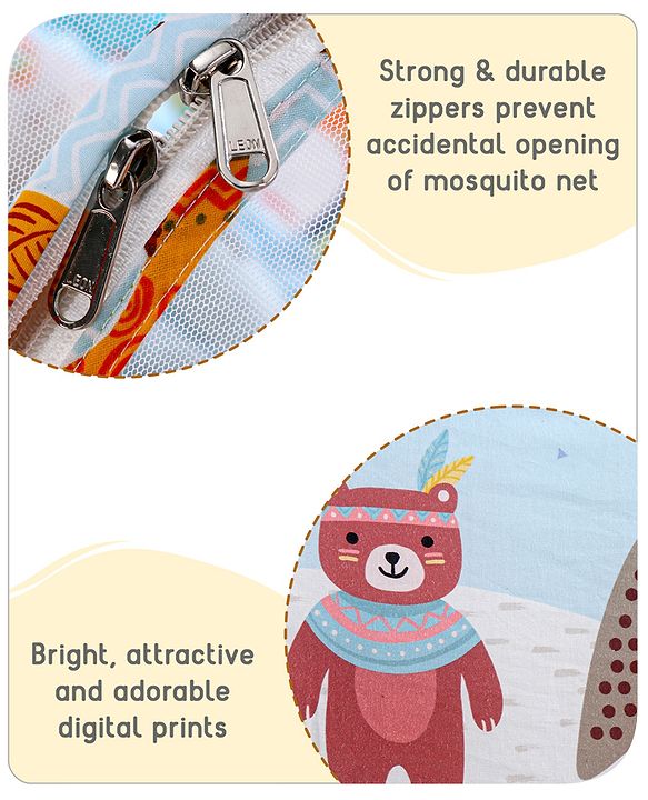 Babyhug Cotton Mattress Set with Mosquito Net Tribal Animal Print- Multicolor