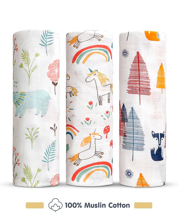 Babyhug Cotton Muslin Multipurpose Swaddle Wraps Unicorn Print Pack of 3 - Multicolour