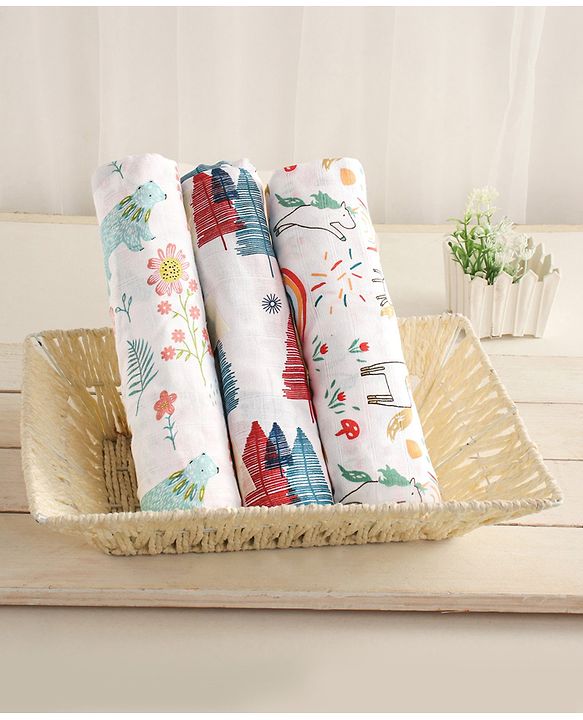 Babyhug Cotton Muslin Multipurpose Swaddle Wraps Unicorn Print Pack of 3 - Multicolour