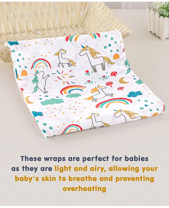 Babyhug Cotton Muslin Multipurpose Swaddle Wraps Unicorn Print Pack of 3 - Multicolour