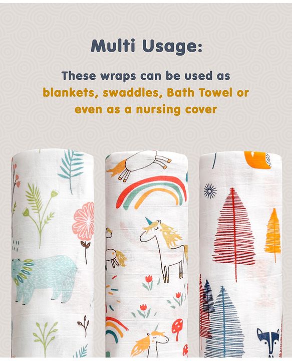 Babyhug Cotton Muslin Multipurpose Swaddle Wraps Unicorn Print Pack of 3 - Multicolour