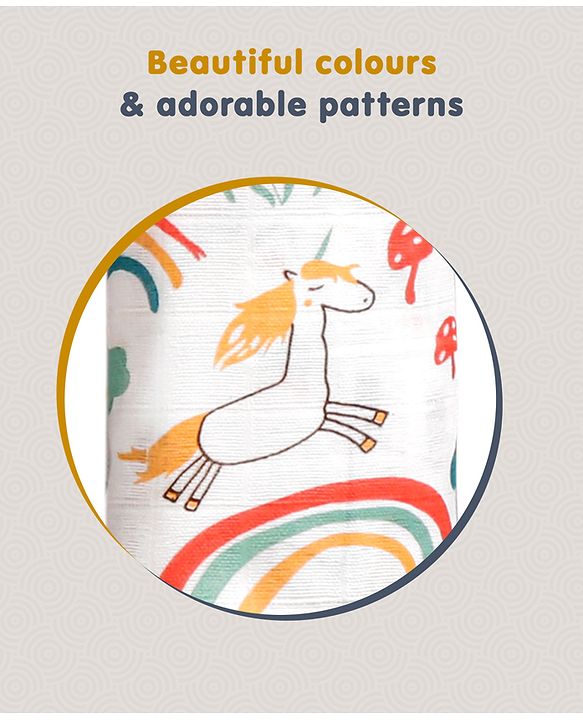 Babyhug Cotton Muslin Multipurpose Swaddle Wraps Unicorn Print Pack of 3 - Multicolour