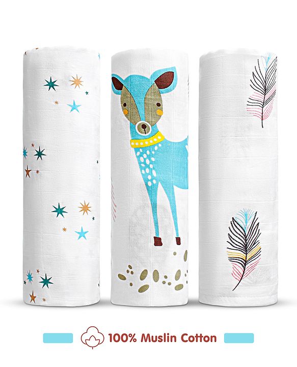 Babyhug Cotton Muslin Multipurpose Swaddle Wraps Unicorn Print Pack of 3 - Multicolour