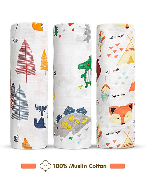 Babyhug Cotton Muslin Multipurpose Swaddle Wraps Unicorn Print Pack of 3 - Multicolour