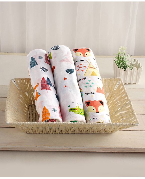 Babyhug Cotton Muslin Multipurpose Swaddle Wraps Unicorn Print Pack of 3 - Multicolour