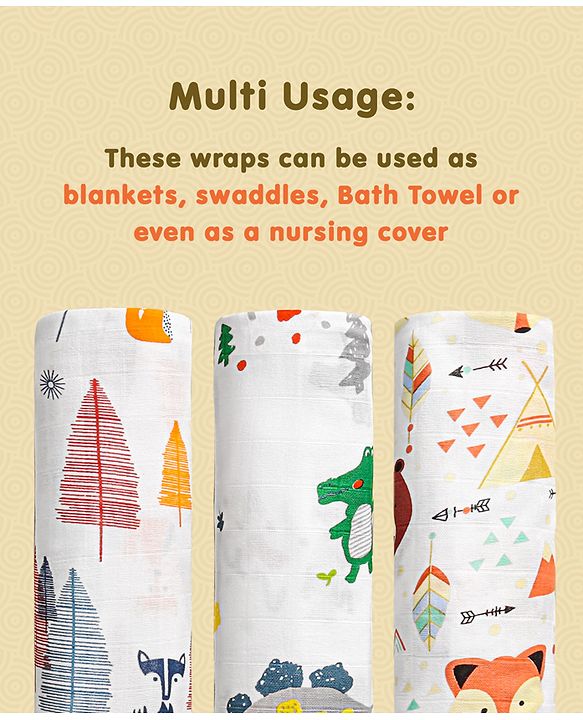 Babyhug Cotton Muslin Multipurpose Swaddle Wraps Unicorn Print Pack of 3 - Multicolour