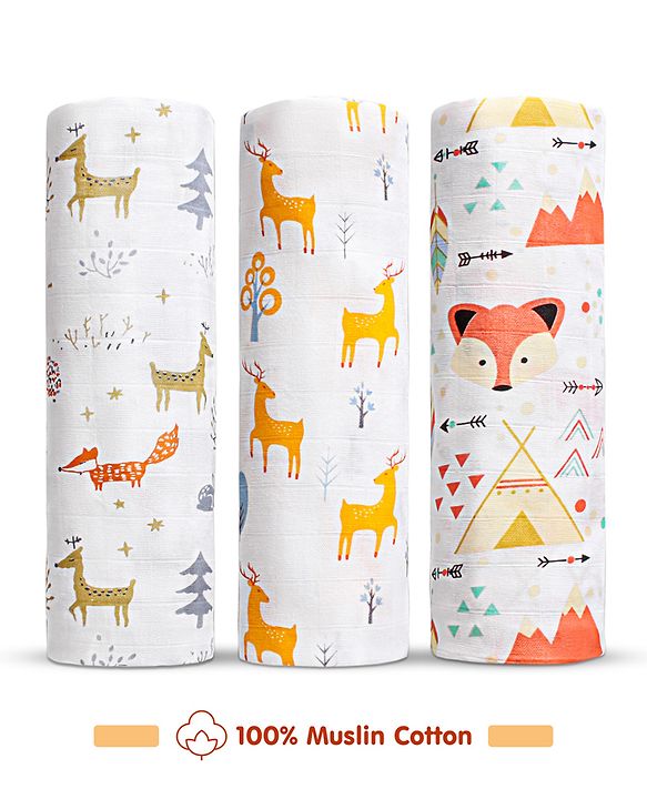 Babyhug Cotton Muslin Multipurpose Swaddle Wraps Unicorn Print Pack of 3 - Multicolour