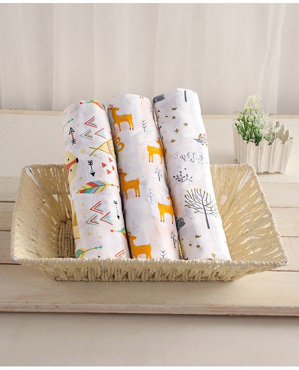 Babyhug Cotton Muslin Multipurpose Swaddle Wraps Unicorn Print Pack of 3 - Multicolour