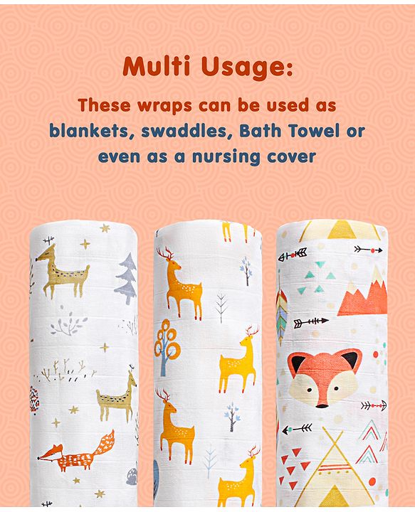 Babyhug Cotton Muslin Multipurpose Swaddle Wraps Unicorn Print Pack of 3 - Multicolour