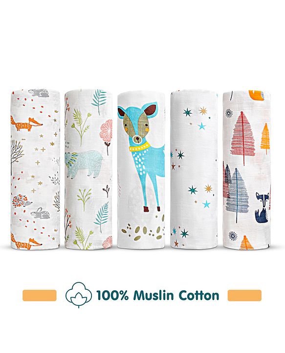 Babyhug Cotton Muslin Multipurpose Swaddle Wraps Forest Print Pack of 5 - Multicolour
