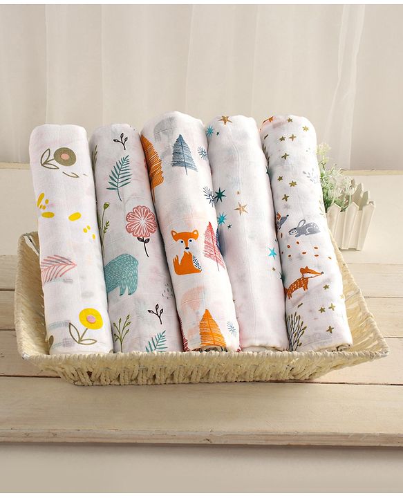 Babyhug Cotton Muslin Multipurpose Swaddle Wraps Forest Print Pack of 5 - Multicolour