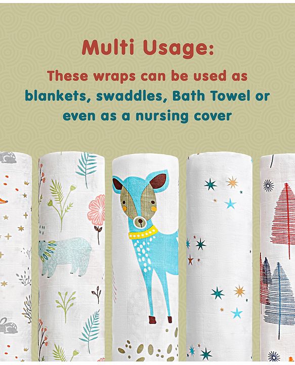 Babyhug Cotton Muslin Multipurpose Swaddle Wraps Forest Print Pack of 5 - Multicolour