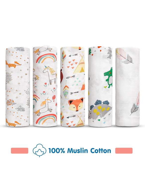 Babyhug Cotton Muslin Multipurpose Swaddle Wraps Forest Print Pack of 5 - Multicolour