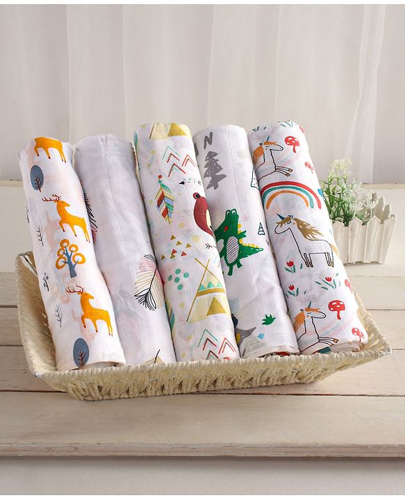 Babyhug Cotton Muslin Multipurpose Swaddle Wraps Forest Print Pack of 5 - Multicolour