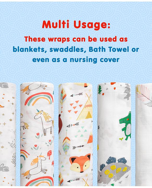 Babyhug Cotton Muslin Multipurpose Swaddle Wraps Forest Print Pack of 5 - Multicolour