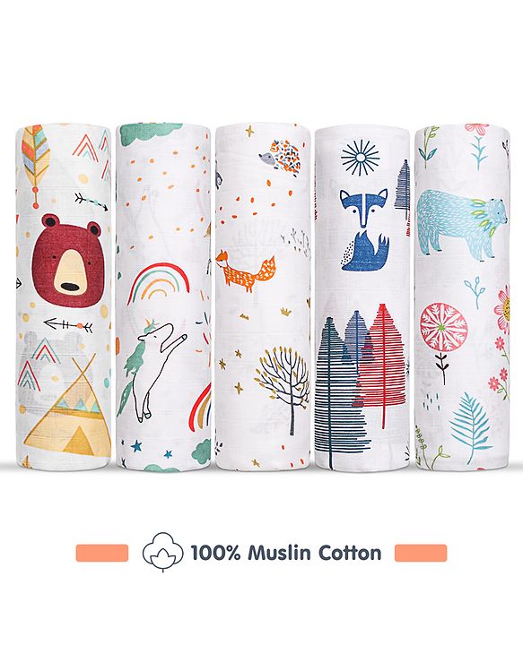 Babyhug Cotton Muslin Multipurpose Swaddle Wraps Forest Print Pack of 5 - Multicolour
