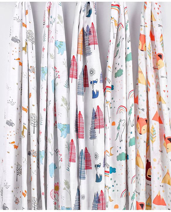 Babyhug Cotton Muslin Multipurpose Swaddle Wraps Forest Print Pack of 5 - Multicolour