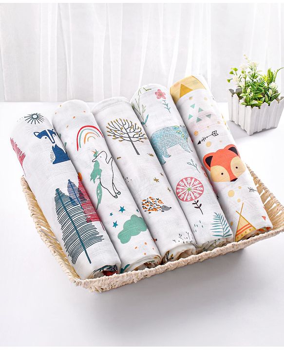 Babyhug Cotton Muslin Multipurpose Swaddle Wraps Forest Print Pack of 5 - Multicolour