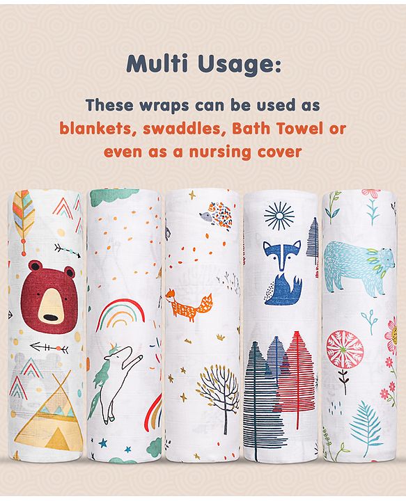 Babyhug Cotton Muslin Multipurpose Swaddle Wraps Forest Print Pack of 5 - Multicolour