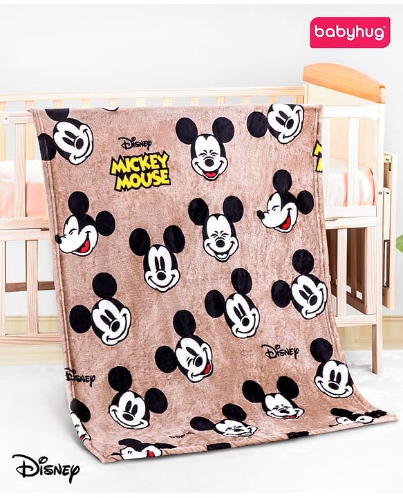 Babyhug Lightweight Disney Single Ply Mink Blanket Smiley Mickey  Print- Brown