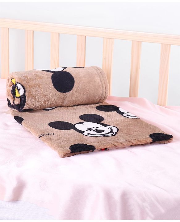 Babyhug Lightweight Disney Single Ply Mink Blanket Smiley Mickey  Print- Brown