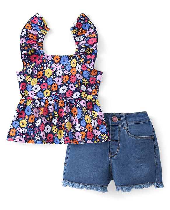 Babyhug Cotton Knit Sleeveless Top & Denim Shorts Set With Floral Print - Multicolor