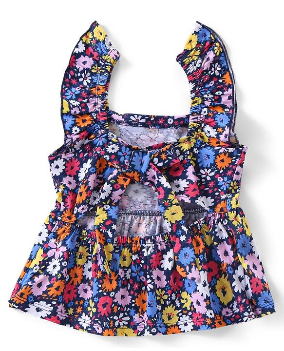 Babyhug Cotton Knit Sleeveless Top & Denim Shorts Set With Floral Print - Multicolor
