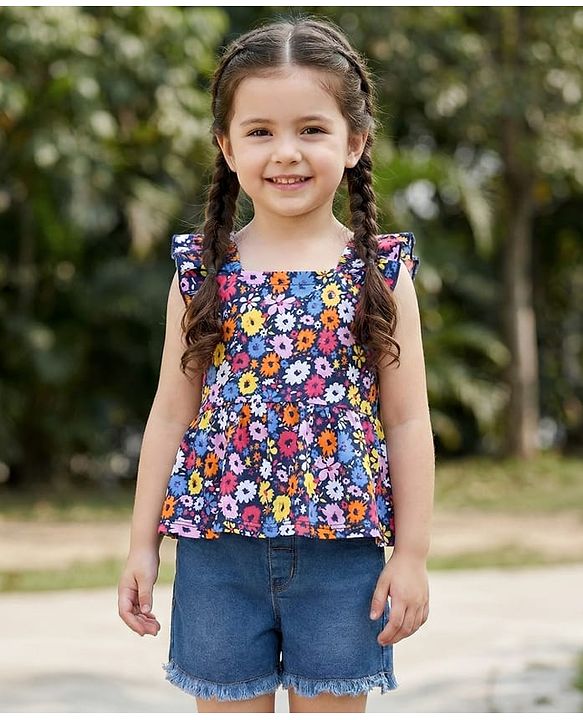 Babyhug Cotton Knit Sleeveless Top & Denim Shorts Set With Floral Print - Multicolor