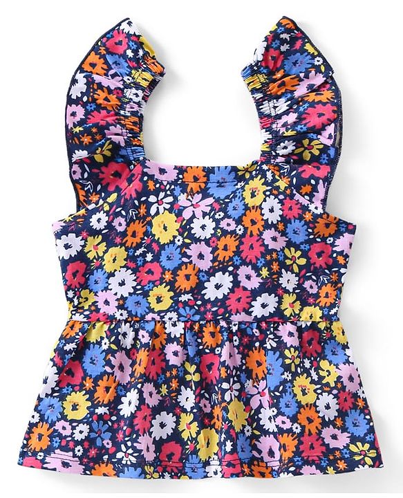 Babyhug Cotton Knit Sleeveless Top & Denim Shorts Set With Floral Print - Multicolor