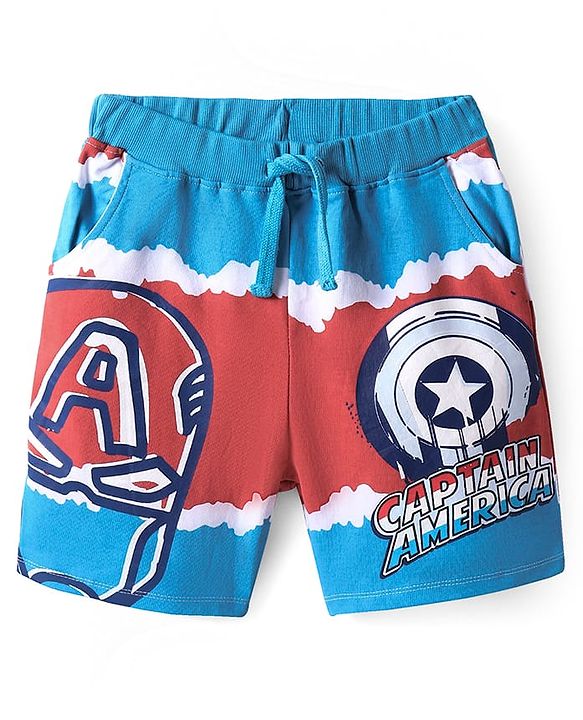 Pinekids Marvel Terry Knit Knee Length Shorts With Avengers Graphics - Blue & Red